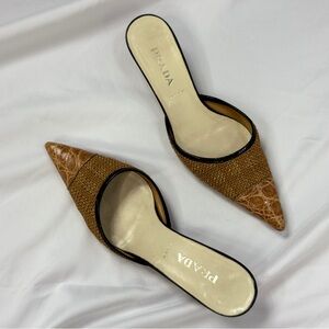 Auth Prada Mules Croc Pointed-Toe kitten Mules Burlap Raffia 37 Tan Brown Fall